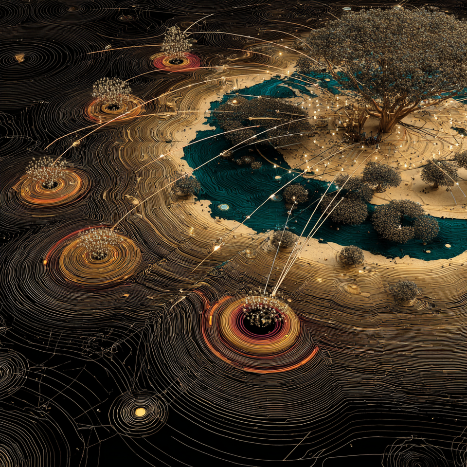 AI data centre towers rising above a map of the world, with smaller nations connected by thin data cables, symbolising technological dependency, intellectual magazine style illustration.